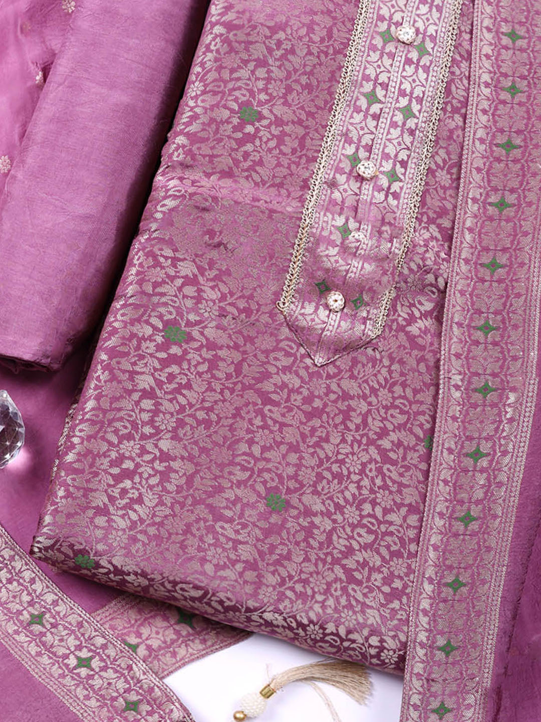 Embroidered Chanderi Unstitched Suit With Pant &amp; Dupatta