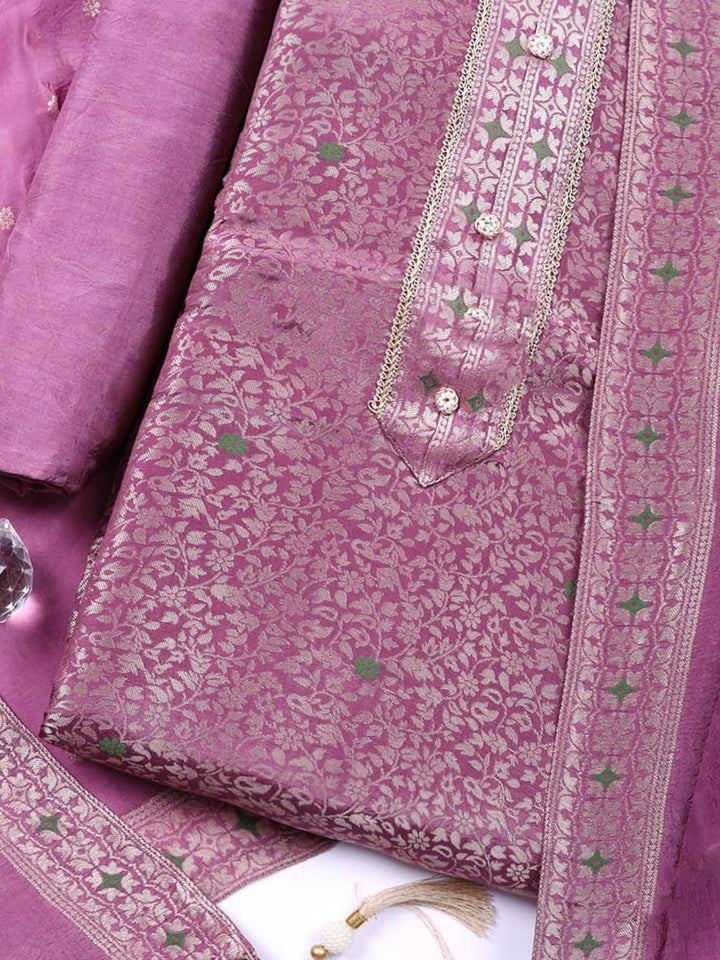 Embroidered Chanderi Unstitched Suit With Pant &amp; Dupatta