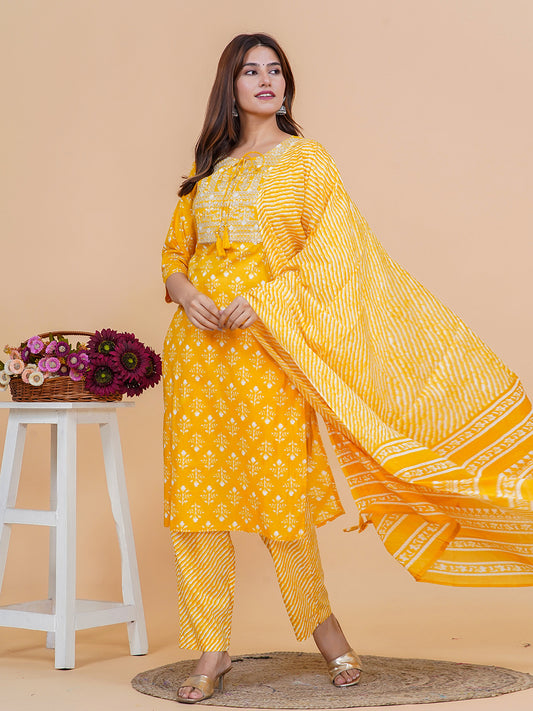 Printed Cotton Blend Kurta With Pants & Dupatta