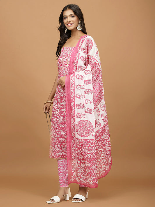 Printed Cotton Blend Unstitched Suit With Dupatta