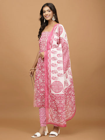 Printed Cotton Blend Unstitched Suit With Dupatta