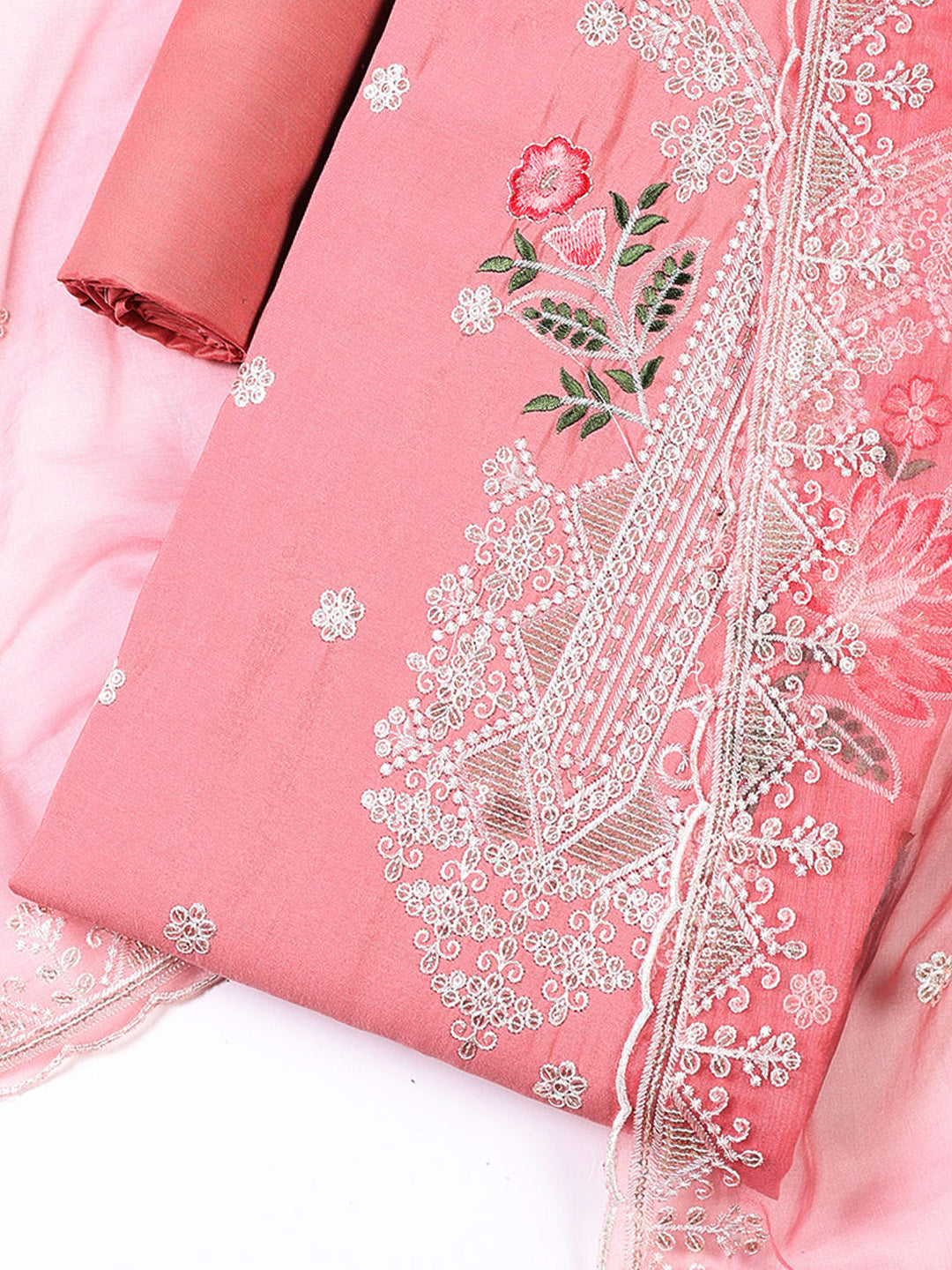 Neck Embroidered Chanderi Unstitched Suit With Dupatta