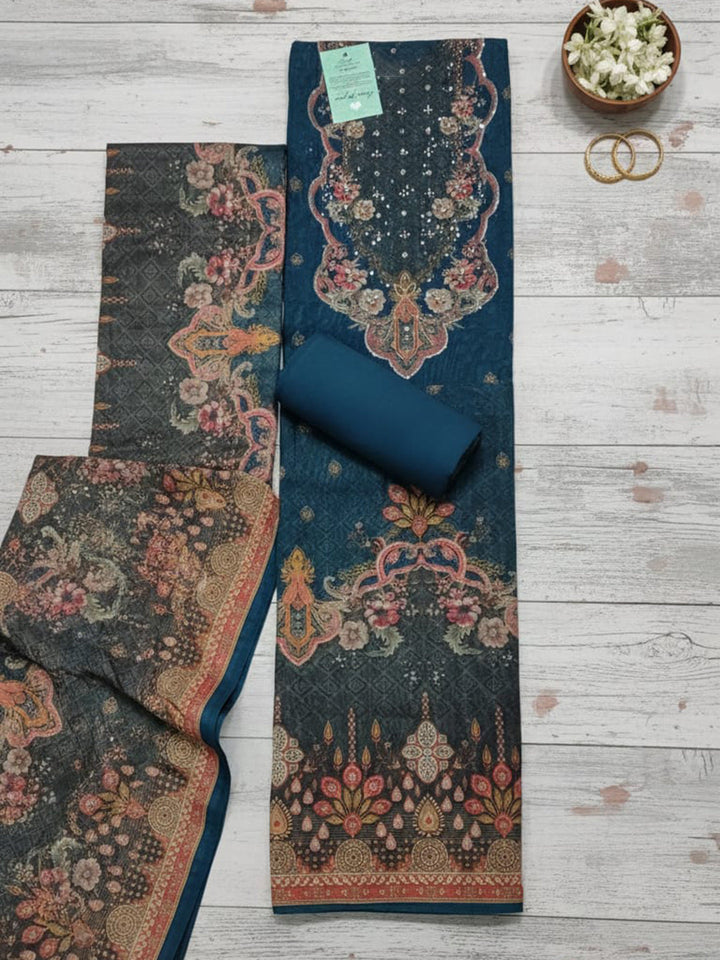 Embroidered Chanderi Unstitched Suit With Pant &amp; Dupatta
