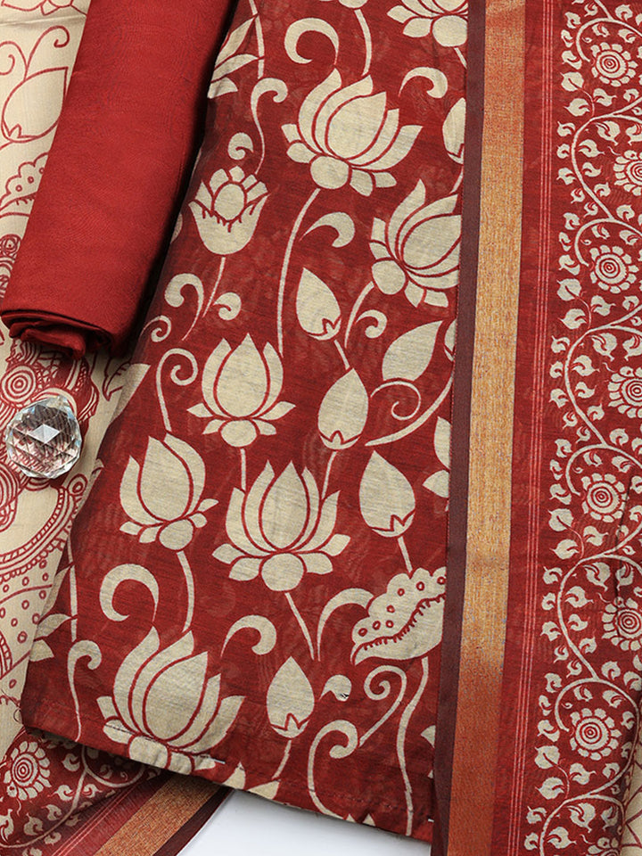 Printed Chanderi Unstitched Suit With Pant &amp; Dupatta