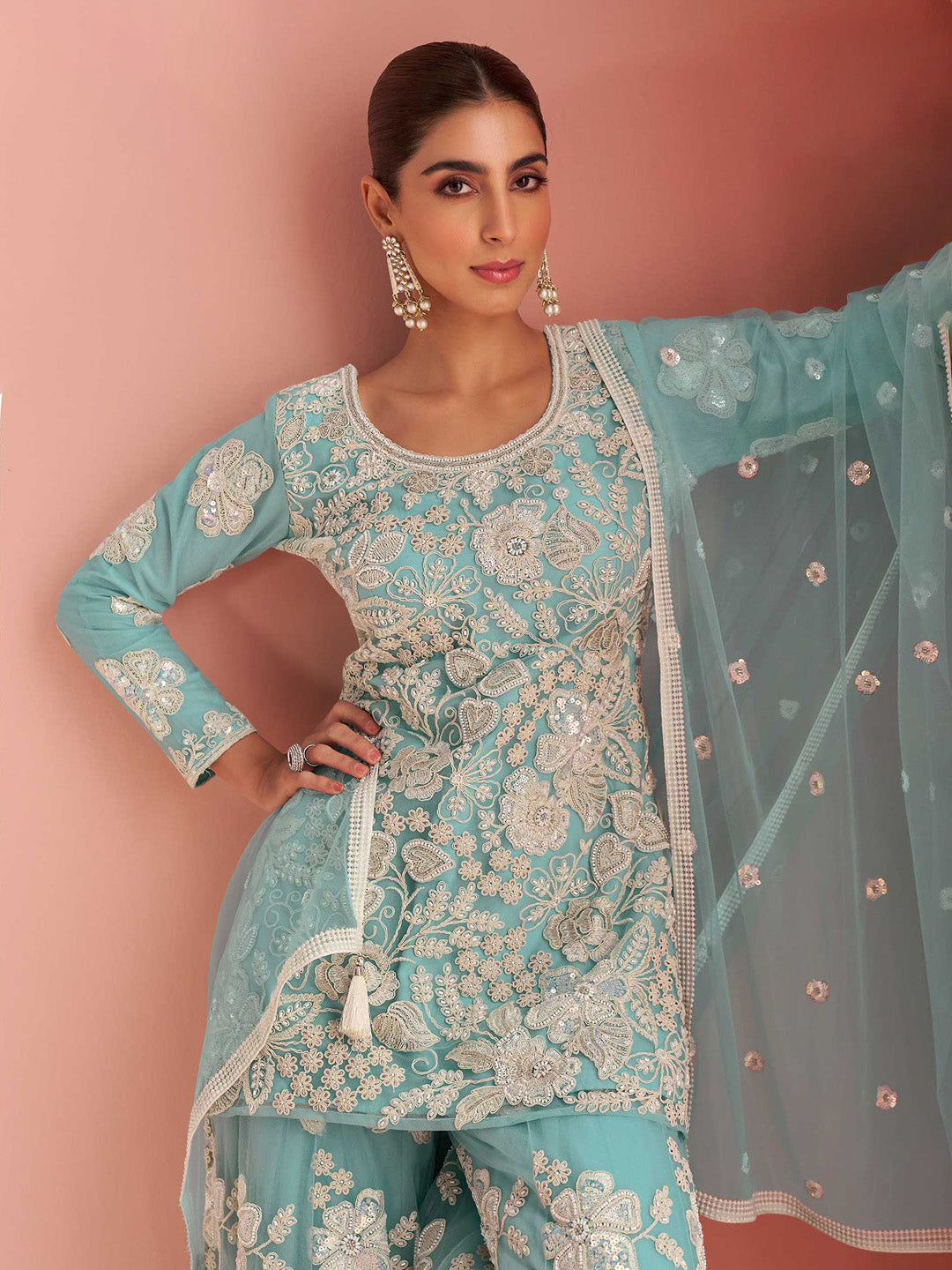 Embroidered Net Suit With Pant &amp; Dupatta