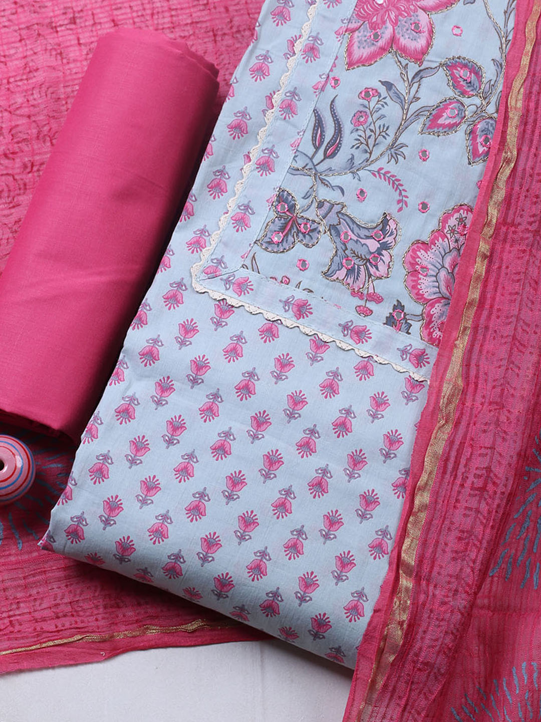 Printed Cotton Blend Unstitched Suit With Pant &amp; Dupatta
