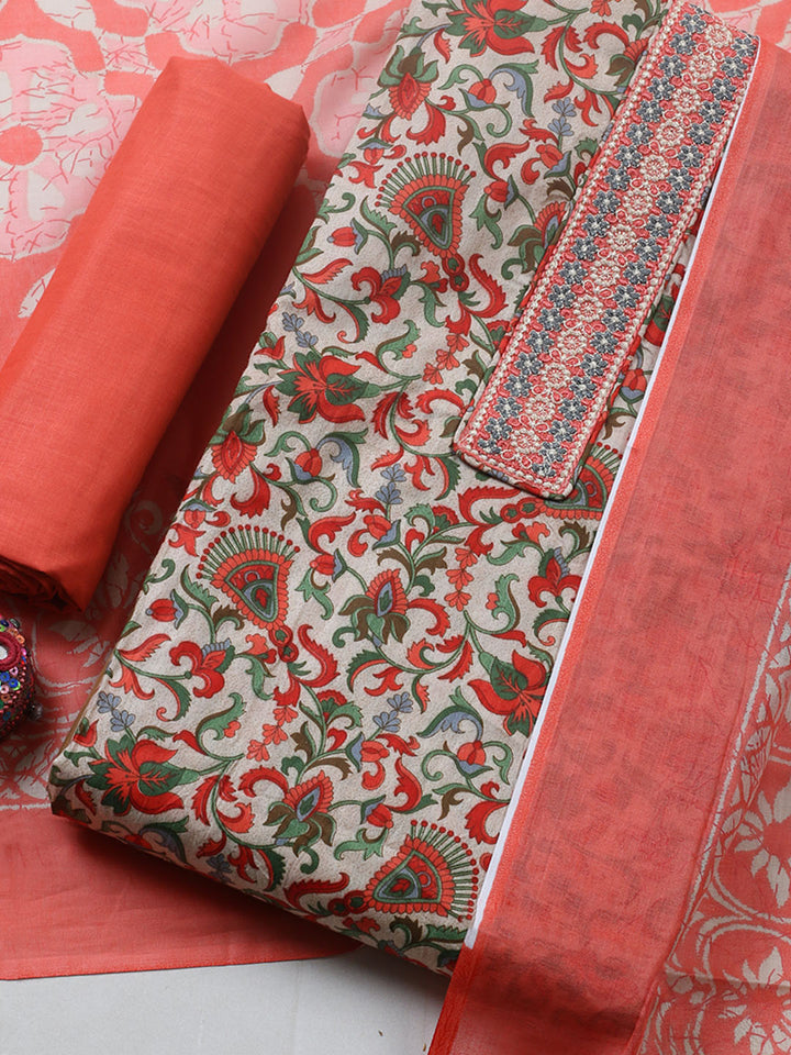 Printed Cotton Blend Unstitched Suit With Pant &amp; Dupatta