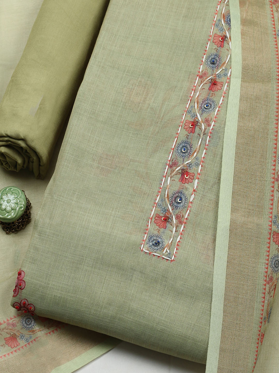 Embroidered Cotton Blend Unstitched Suit With Pant &amp; Dupatta