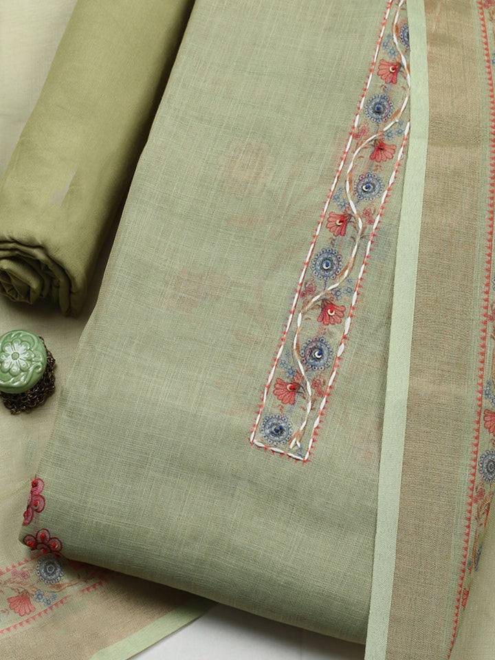 Embroidered Cotton Blend Unstitched Suit With Pant &amp; Dupatta