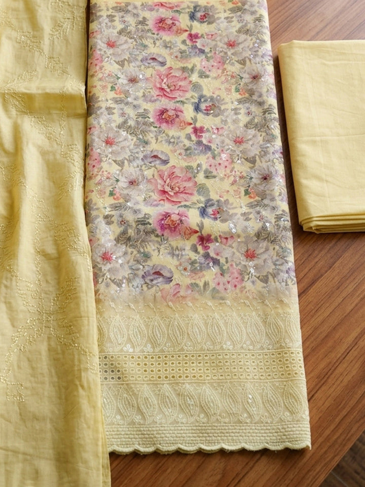 Embroidered Cotton Blend Unstitched Suit With Pant &amp; Dupatta