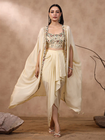 Thread Embroidered Crepe Choli With Pleated Skirt