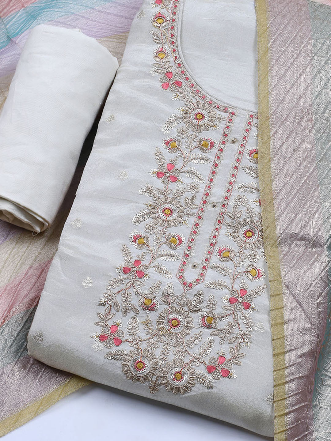 Neck Embroidered Chanderi Unstitched Suit With Dupatta