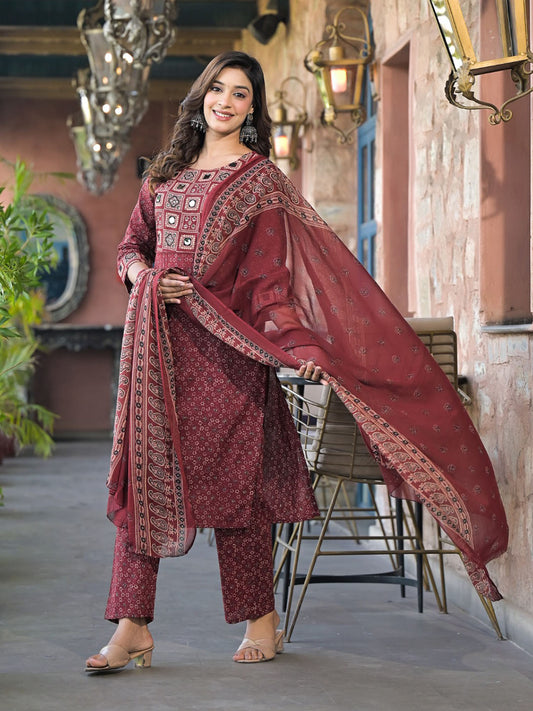 Printed Cotton Blend Kurta With Pants & Dupatta