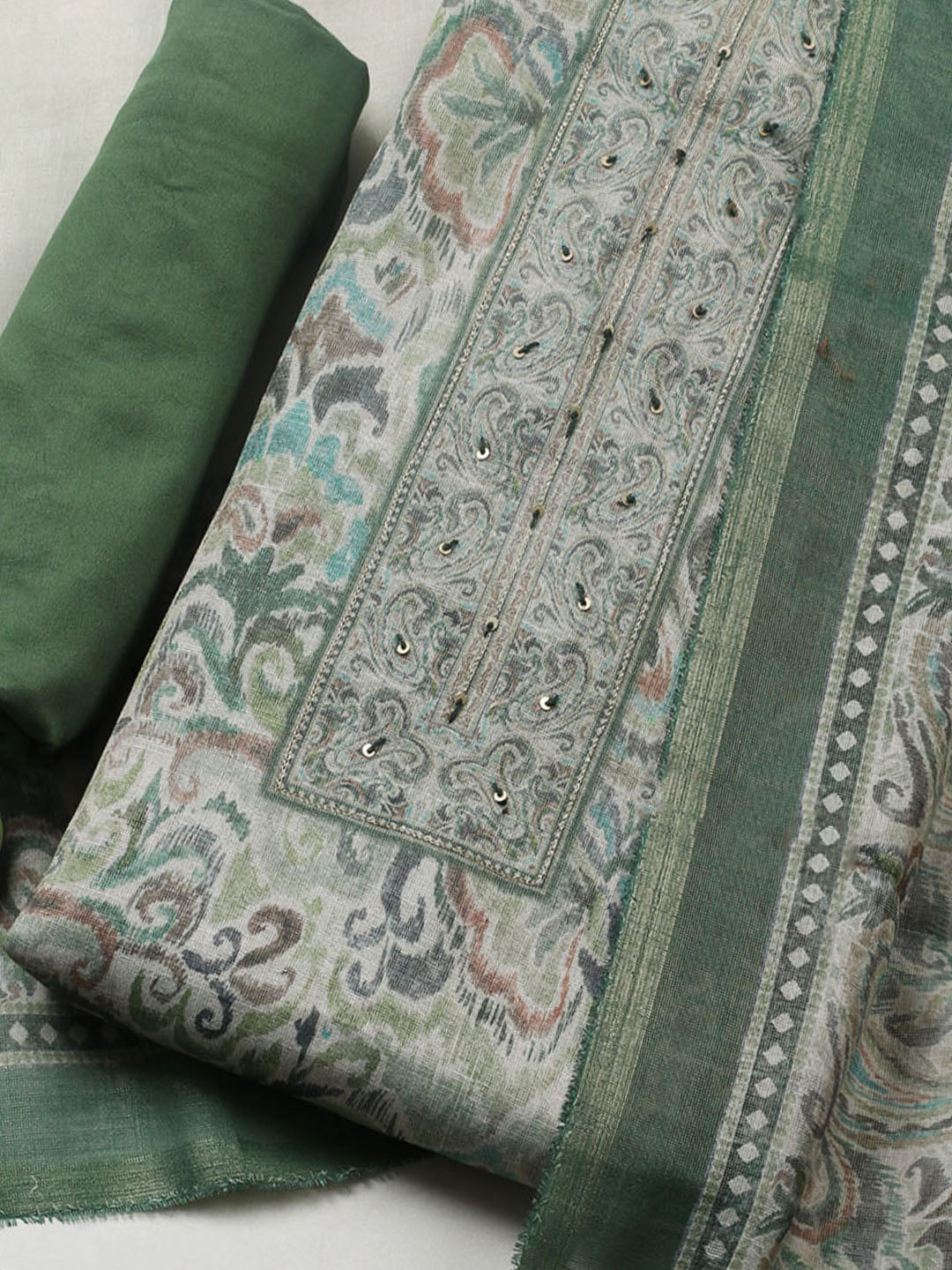 Embroidered Linen Blend Unstitched Suit With Pant &amp; Dupatta