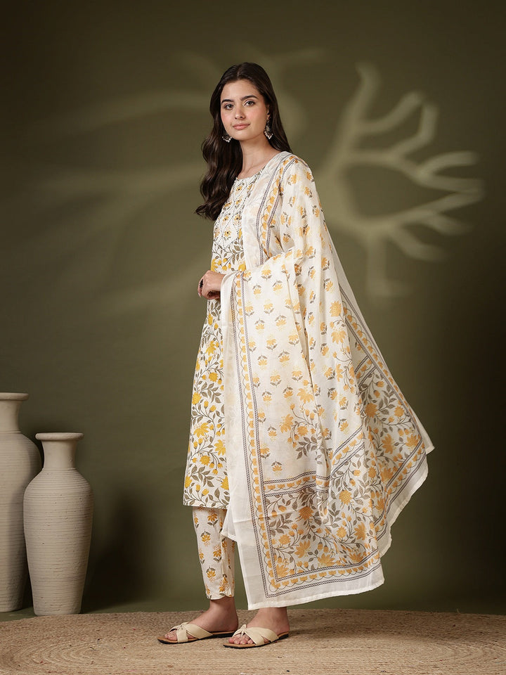 Printed Cotton Blend Kurta With Pant &amp; Dupatta