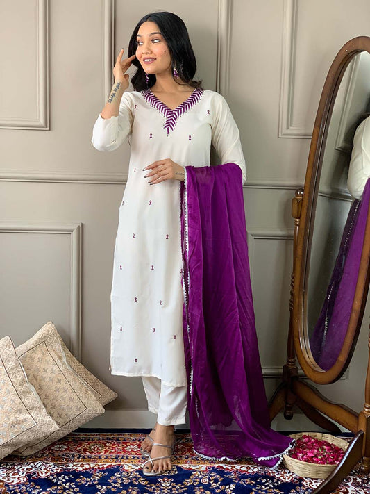 Resham Embroidered Cotton Blend Kurta With Pant & Dupatta