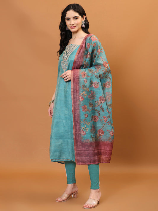 Neck Embroidered Cotton Unstitched Suit Piece With Dupatta