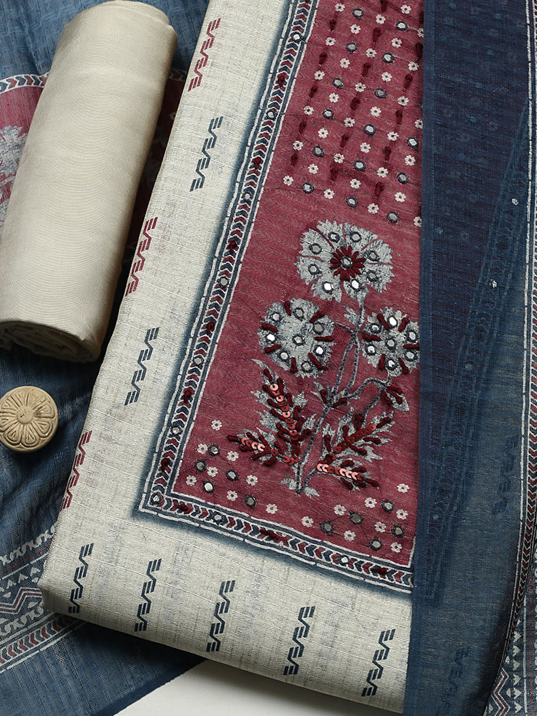 Printed Cotton Blend Unstitched Suit With Pant &amp; Dupatta
