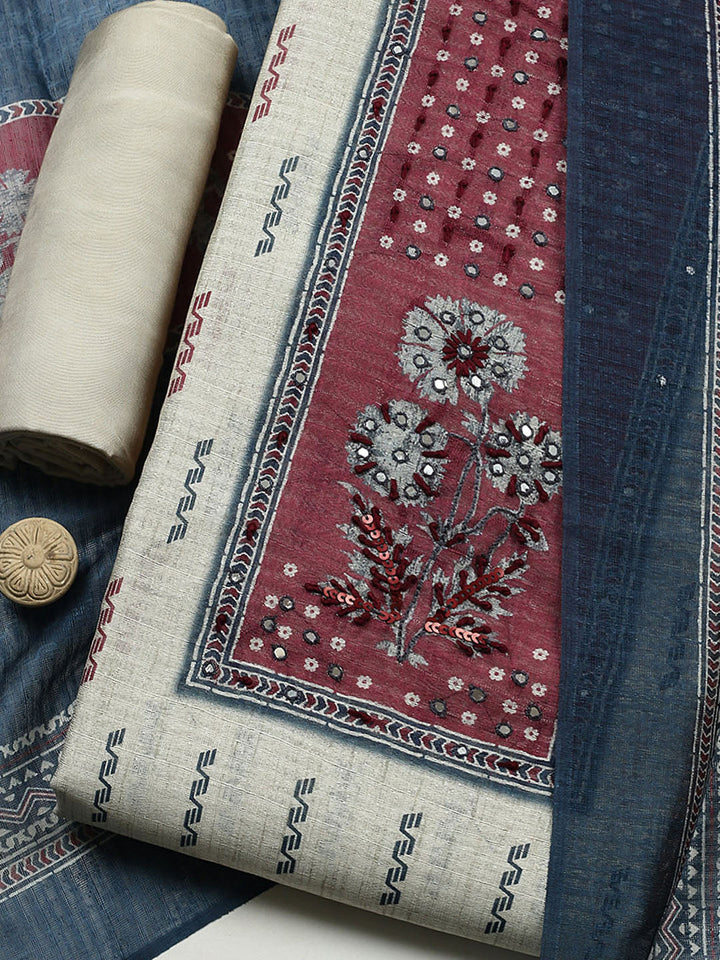 Printed Cotton Blend Unstitched Suit With Pant &amp; Dupatta