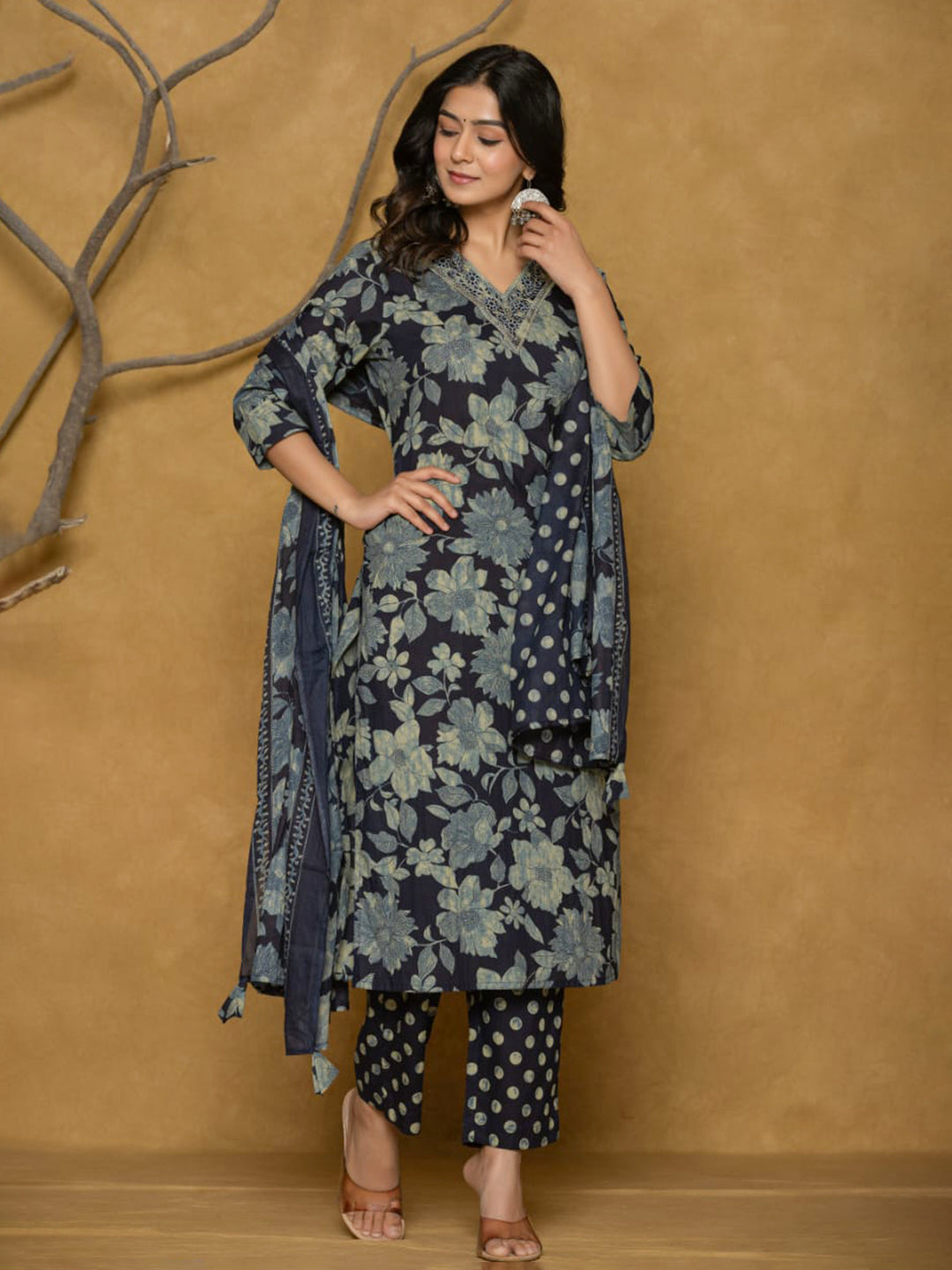 Printed Cotton Blend Kurta With Pants & Dupatta