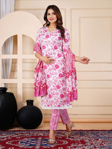 Floral Printed Cotton Kurta With Pants & Dupatta