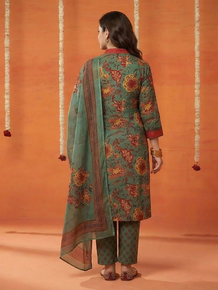 Printed Cotton Blend Kurta With Pant &amp; Dupatta