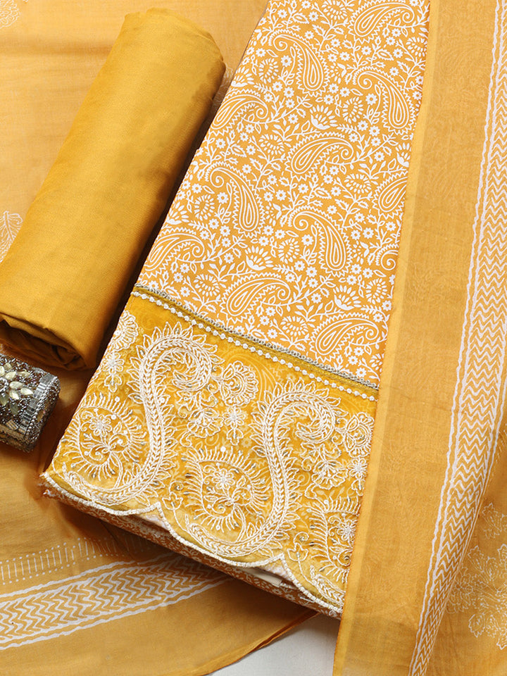 Printed Cotton Blend Unstitched Suit With Pant &amp; Dupatta