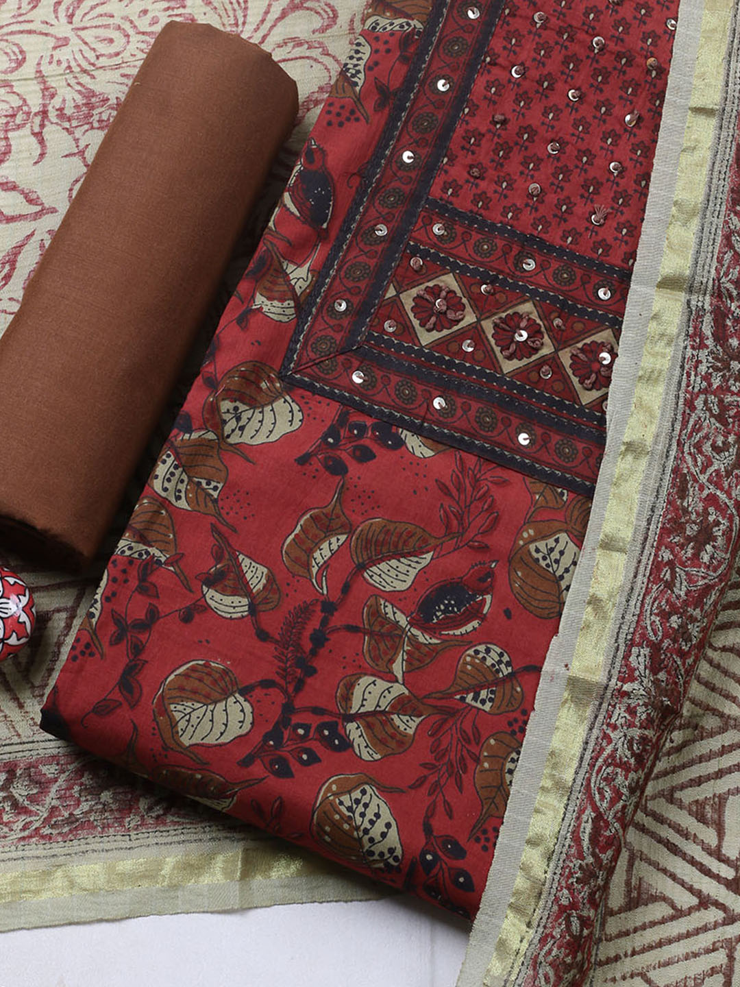 Printed Cotton Blend Unstitched Suit With Pant &amp; Dupatta