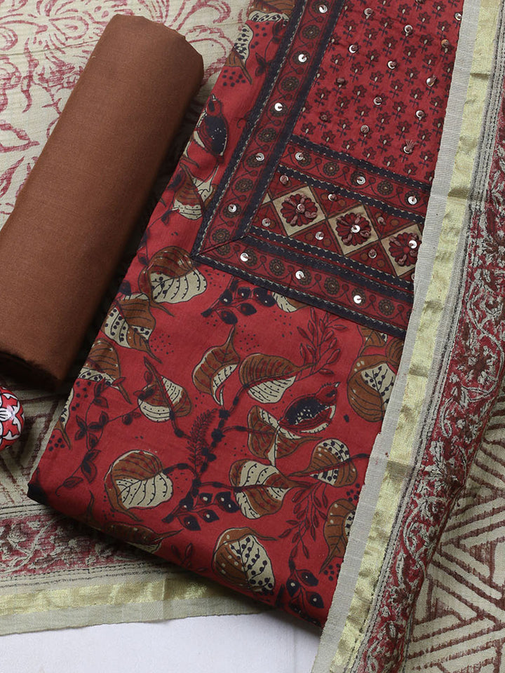 Printed Cotton Blend Unstitched Suit With Pant &amp; Dupatta