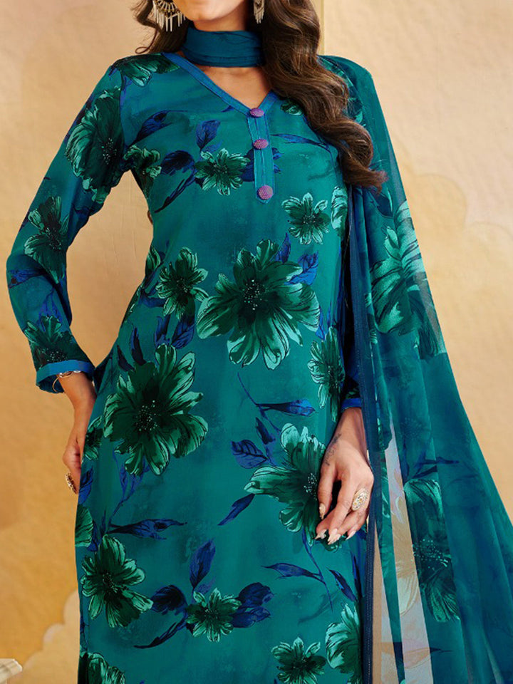 Printed Crepe Unstitched Suit With Pant &amp; Dupatta