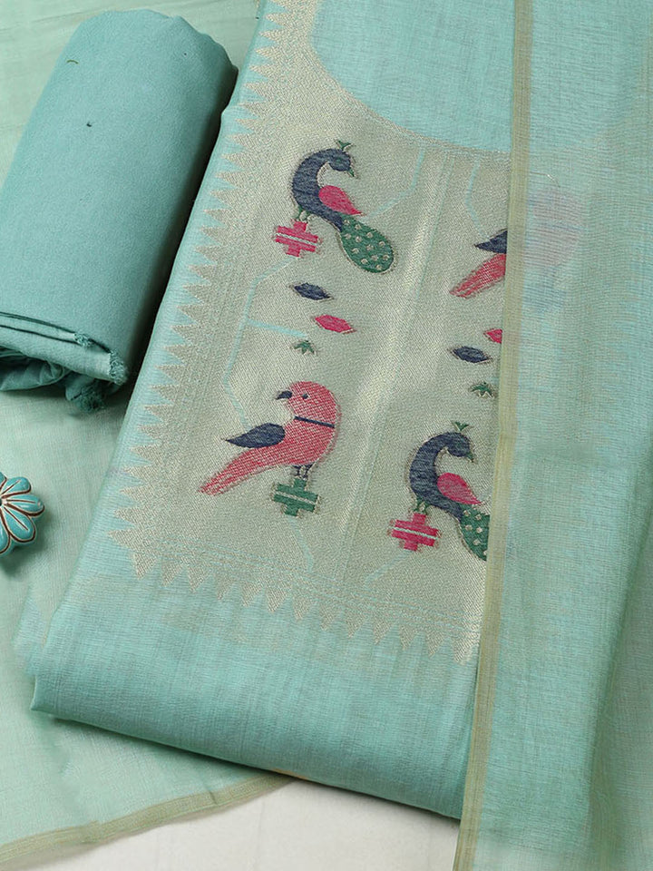 Embroidered Chanderi Unstitched Suit With Pant &amp; Dupatta