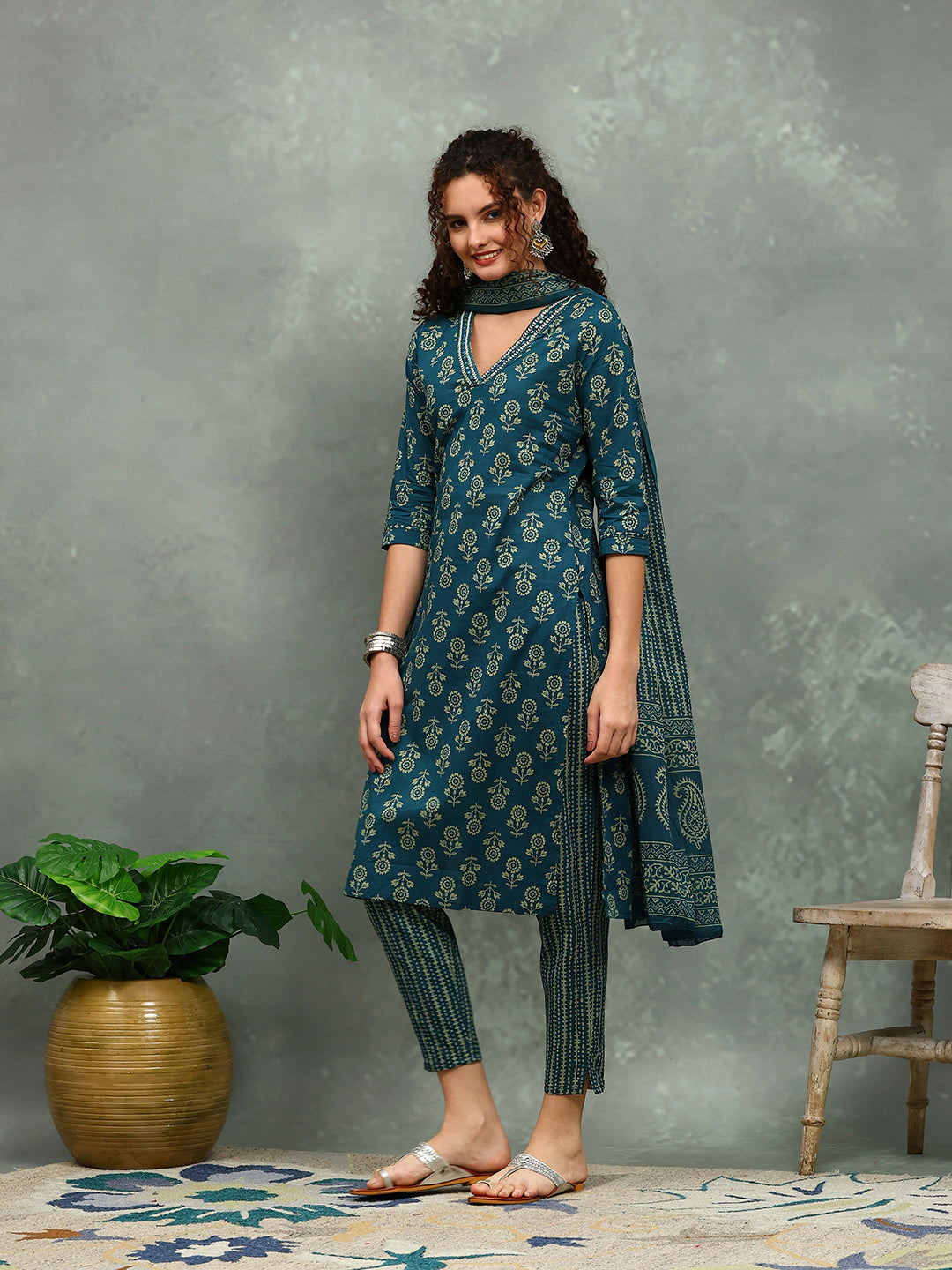 Printed Cotton Blend Kurta With Pants &amp; Dupatta