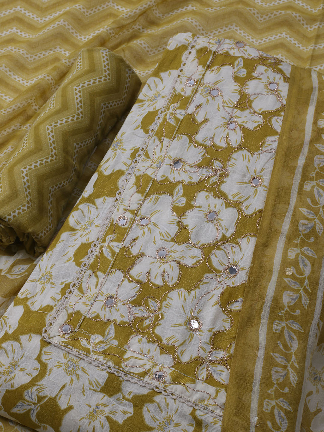 Printed Cotton Blend Unstitched Suit With Dupatta