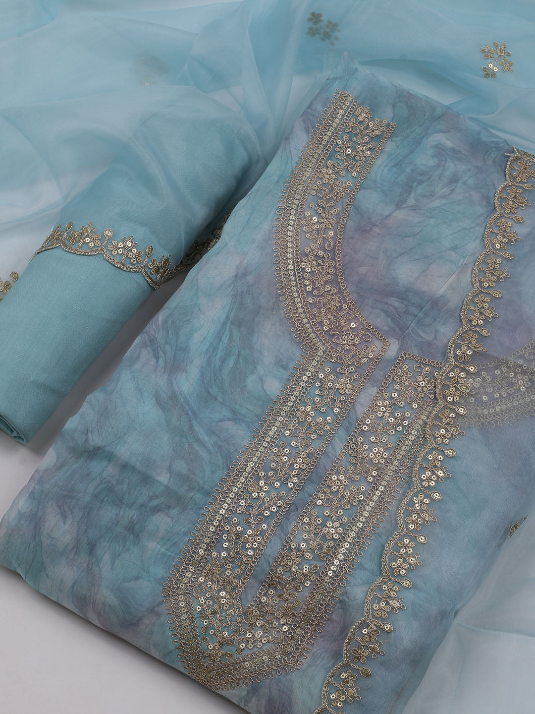 Neck Embroidered Organza Unstitched Suit With Dupatta