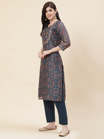 Printed Chanderi Kurta With Pants