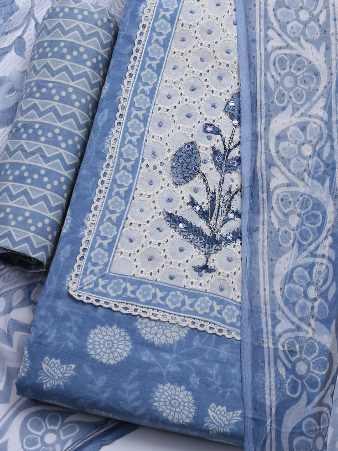 Printed Cotton Blend Unstitched Kurta With Pant &amp; Dupatta