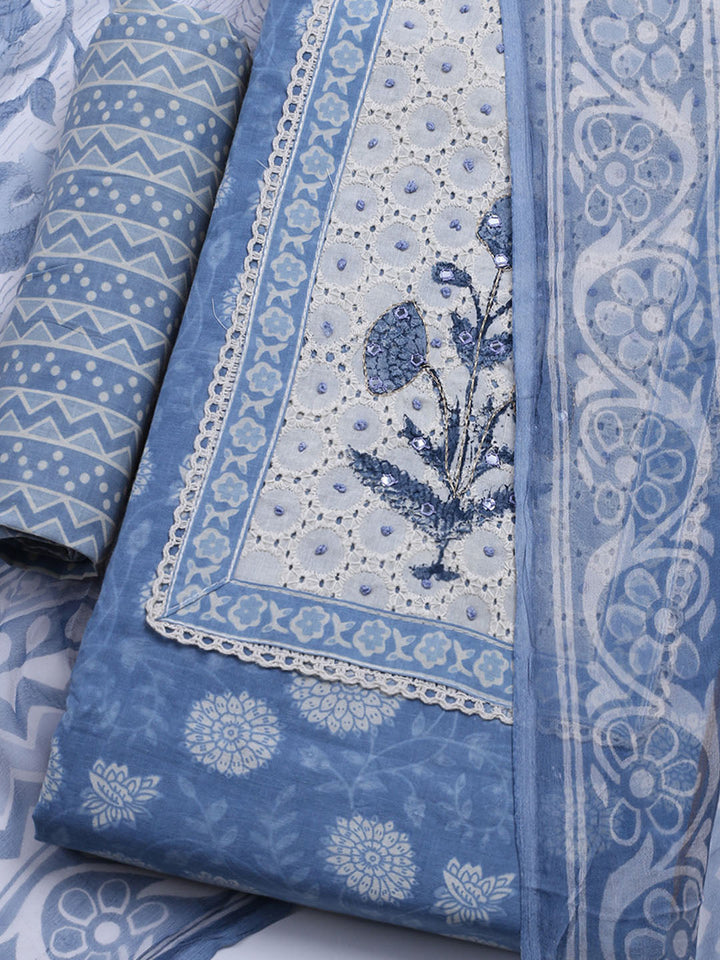 Printed Cotton Blend Unstitched Kurta With Pant &amp; Dupatta