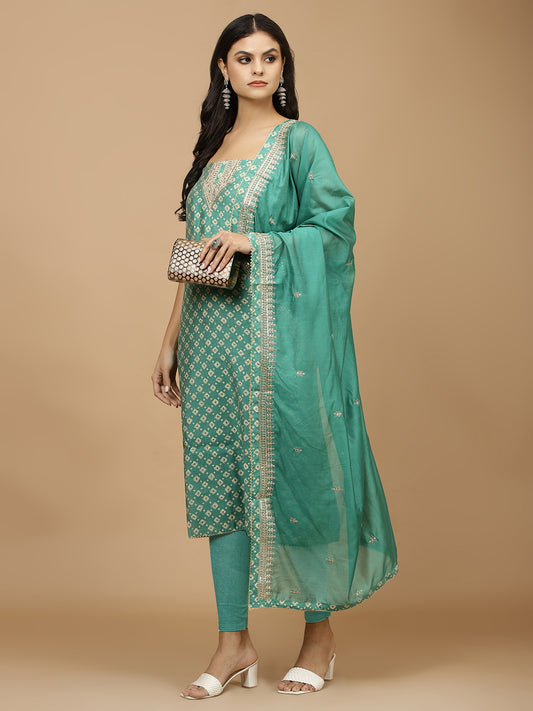 Neck Embroidered & Printed Cotton Unstitched Suit With Dupatta