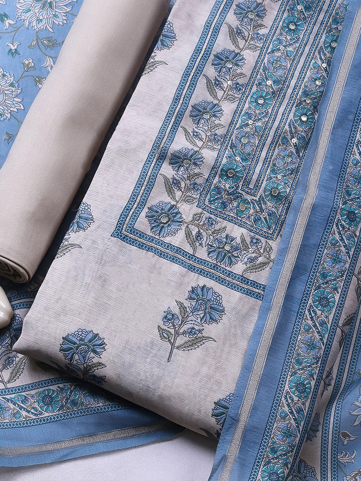 Printed Chanderi Unstitched Suit With Pant &amp; Dupatta