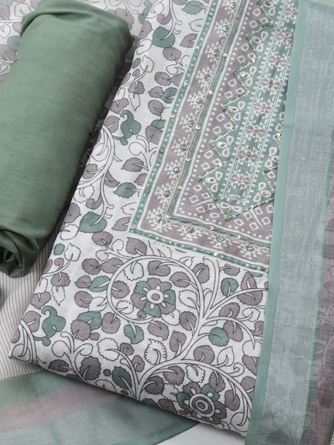 Printed Linen Blend Unstitched Suit With Pant &amp; Dupatta