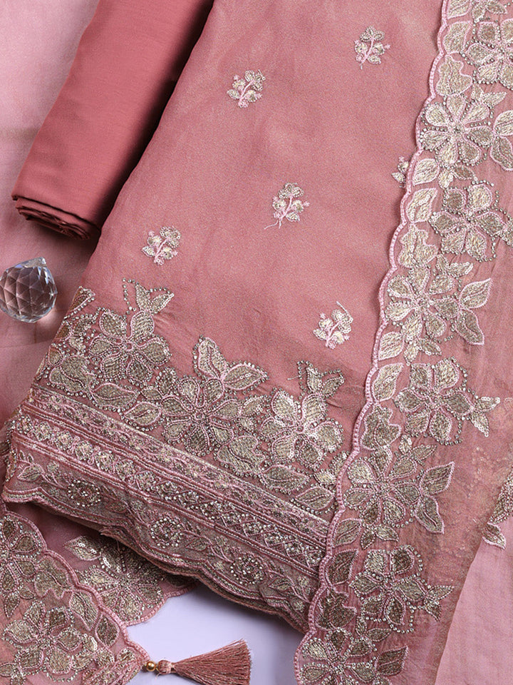 Embroidered Organza Unstitched Suit With Pant &amp; Dupatta