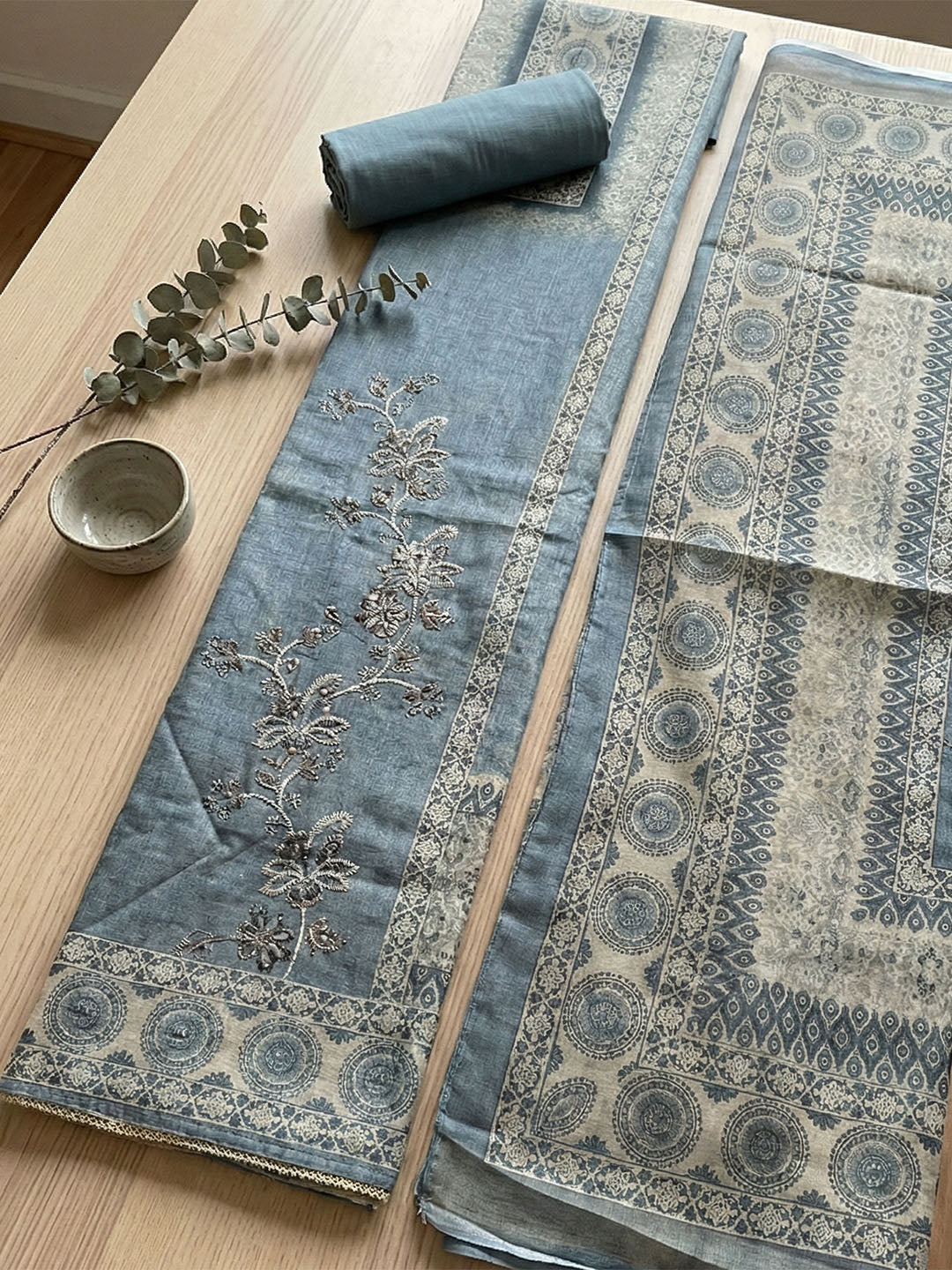 Embroidered Linen Blend Unstitched Suit With Pant &amp; Dupatta