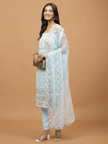 Neck Embroidered Organza Unstitched Suit Piece With Dupatta