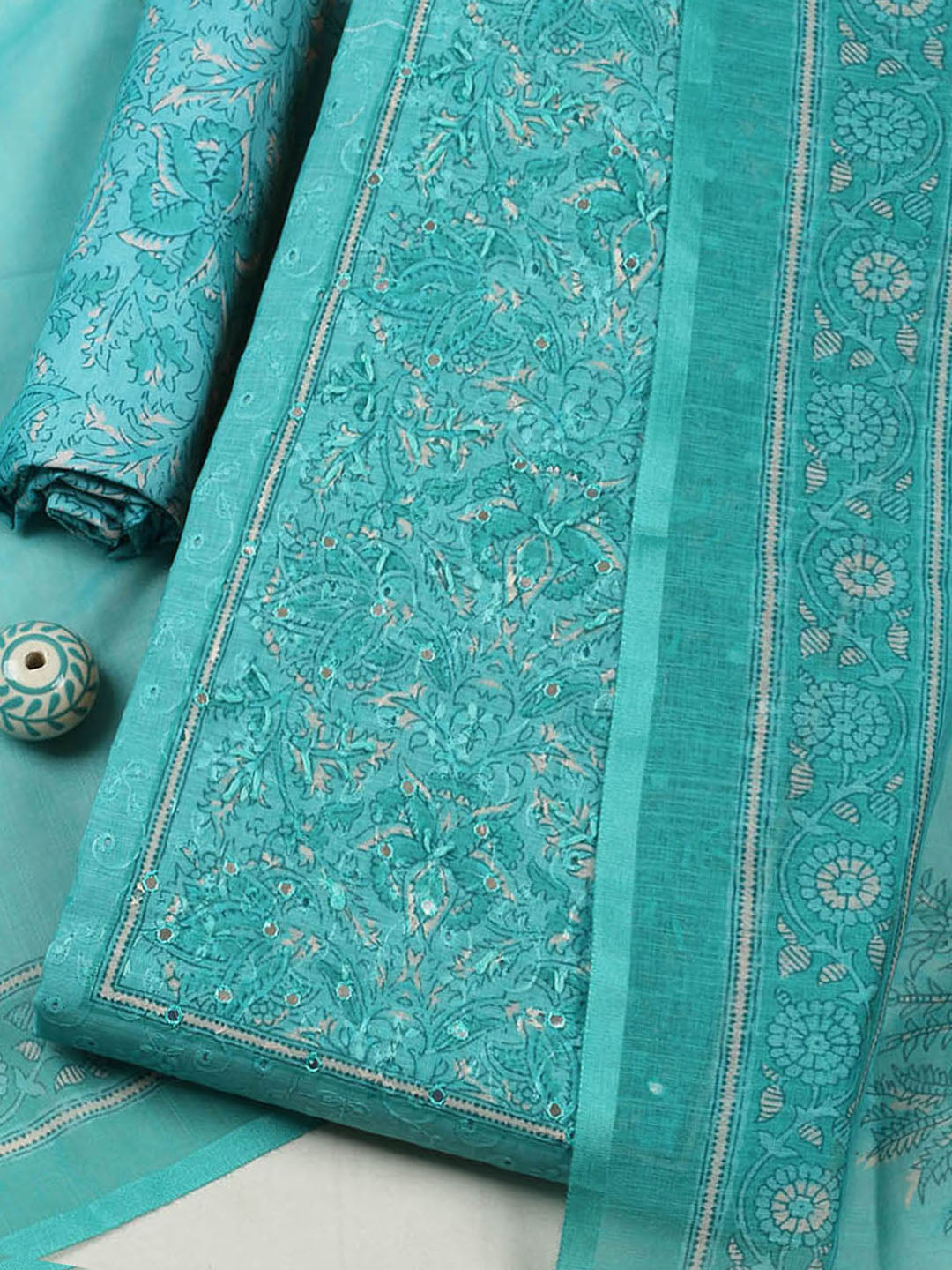 Embroidered Chanderi Unstitched Suit With Pant &amp; Dupatta