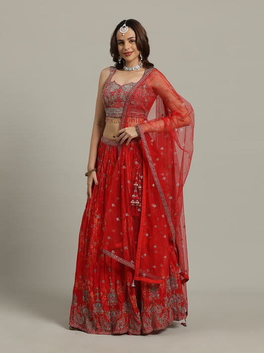 Embroidered Crepe Choli With Lehenga & Dupatta