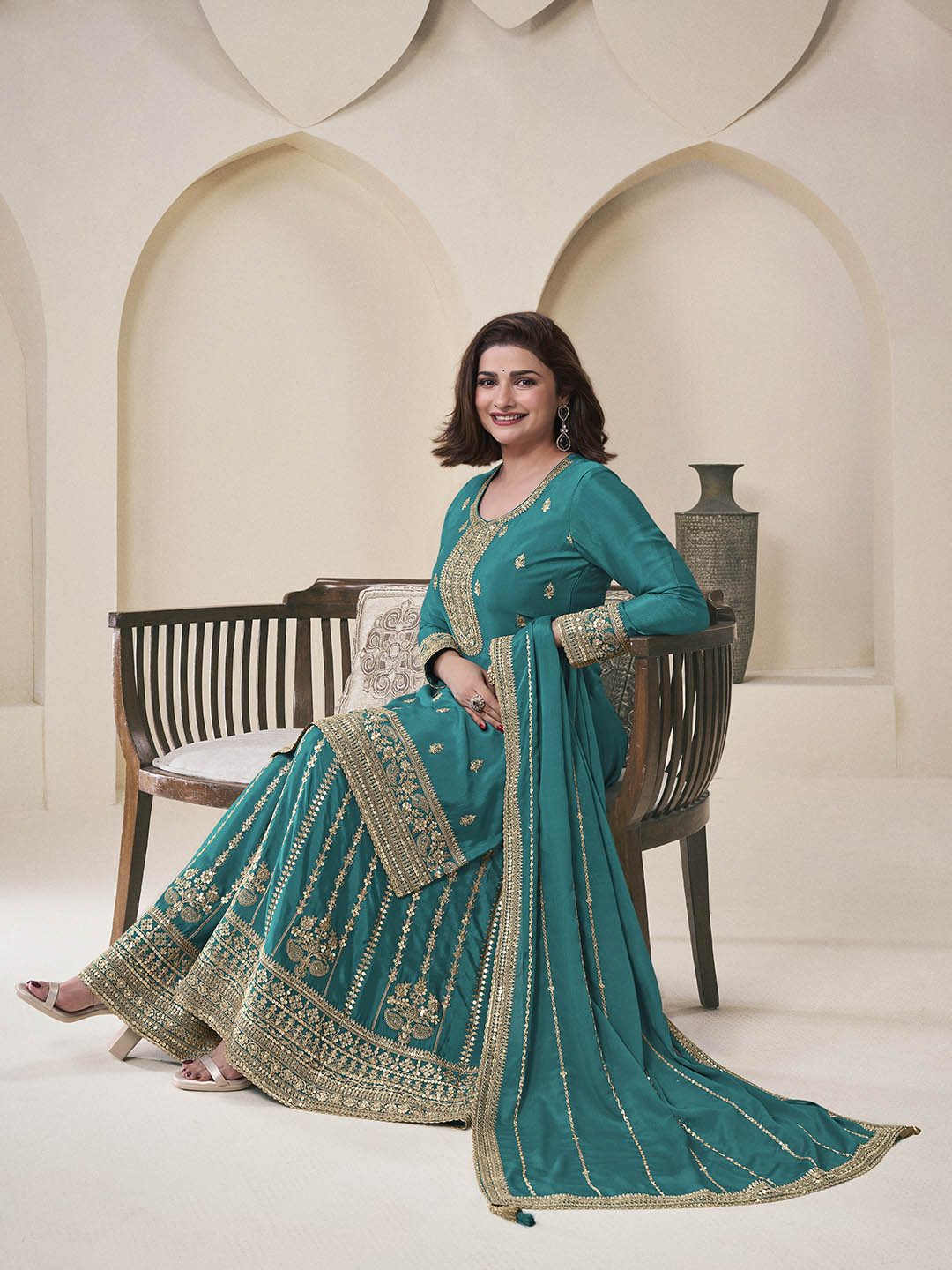Embroidered Chinon Unstitched Suit With Pant &amp; Dupatta