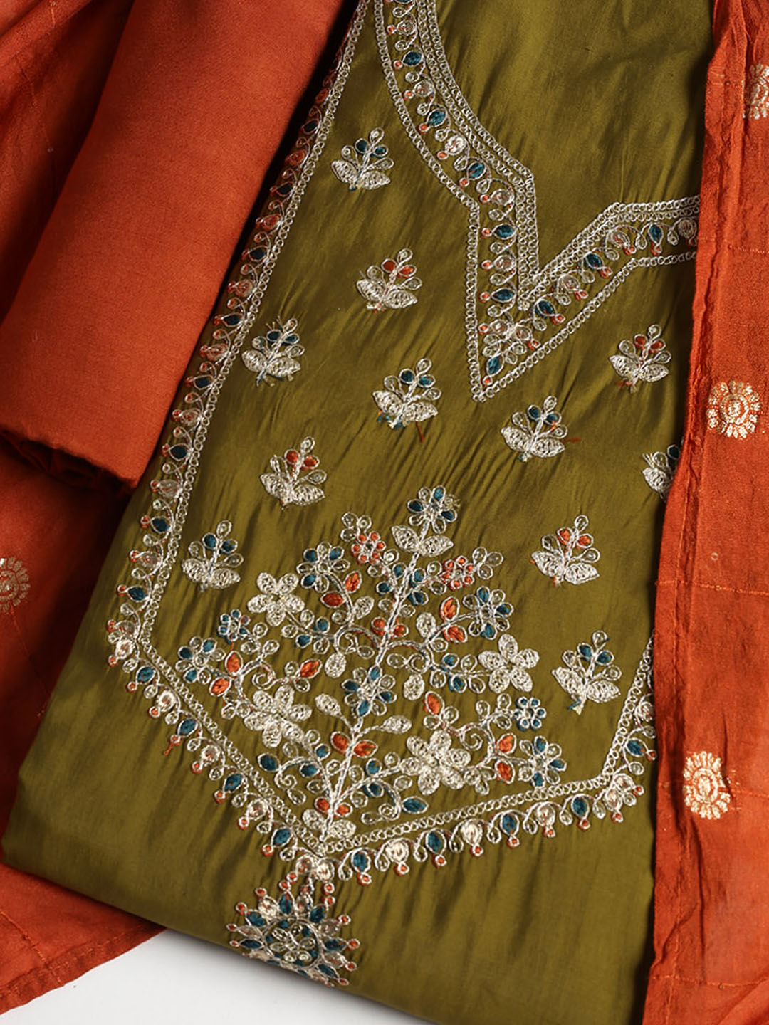 Neck Embroidered Chanderi Unstitched Suit With Dupatta