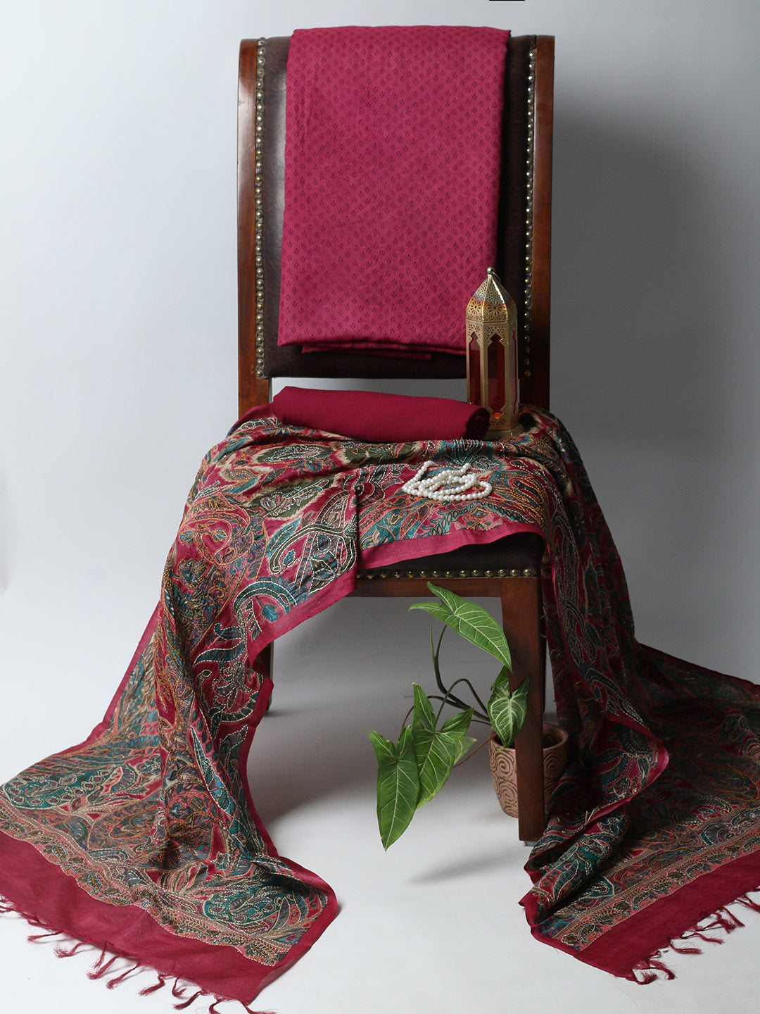 Printed Tussar Unstitched Kurta With Pant &amp; Dupatta