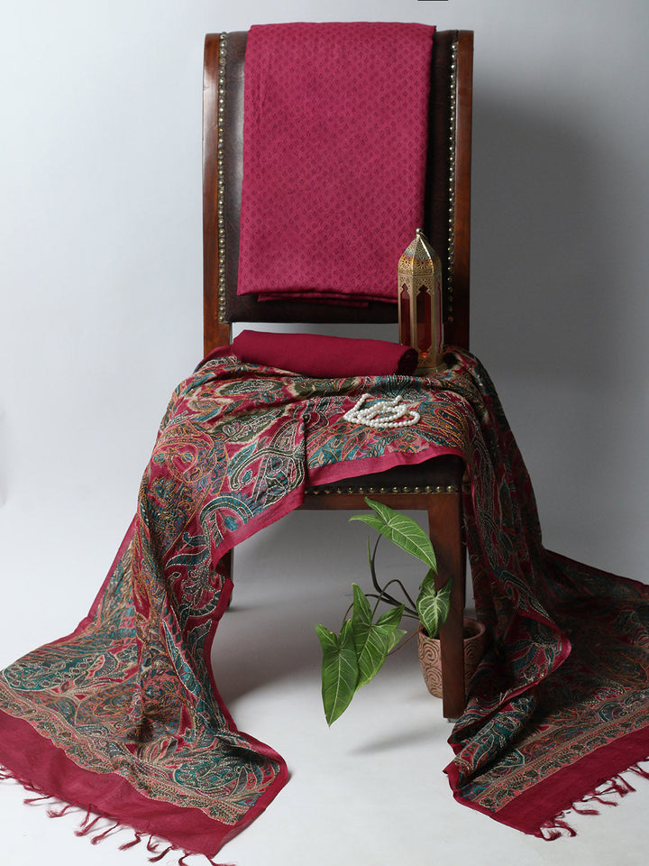 Printed Tussar Unstitched Kurta With Pant &amp; Dupatta