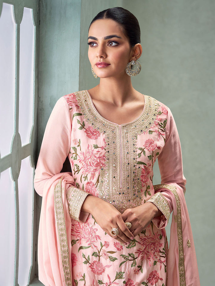 Embroidered Chinon Silk Kurta With Plazzo &amp; Dupatta